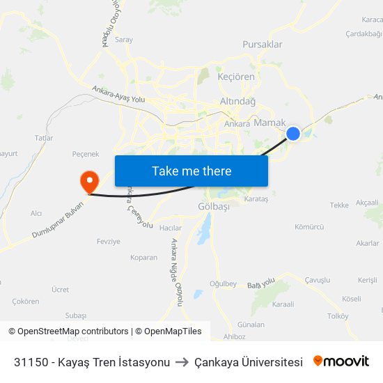 31150 - Kayaş Tren İstasyonu to Çankaya Üniversitesi map