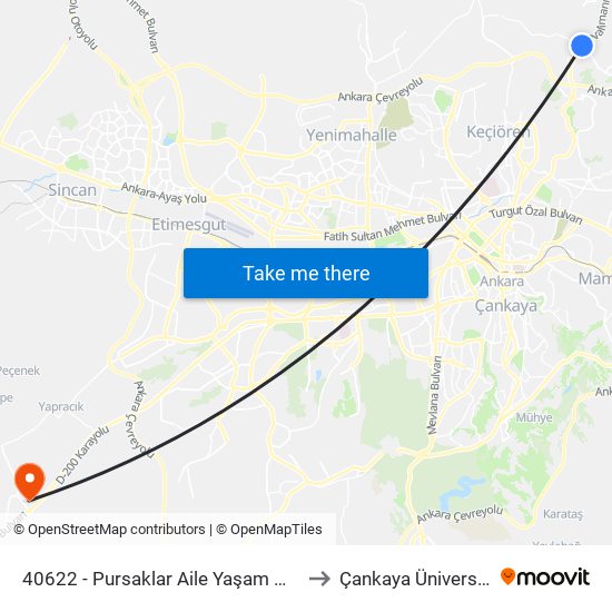 40622 - Pursaklar Aile Yaşam Merkezi to Çankaya Üniversitesi map