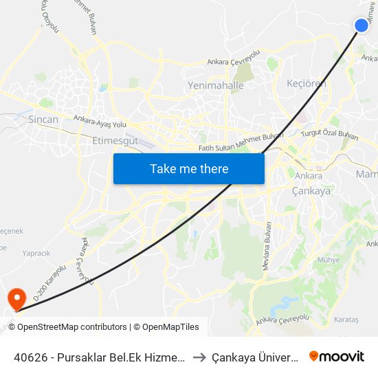40626 - Pursaklar Bel.Ek Hizmet Binası to Çankaya Üniversitesi map