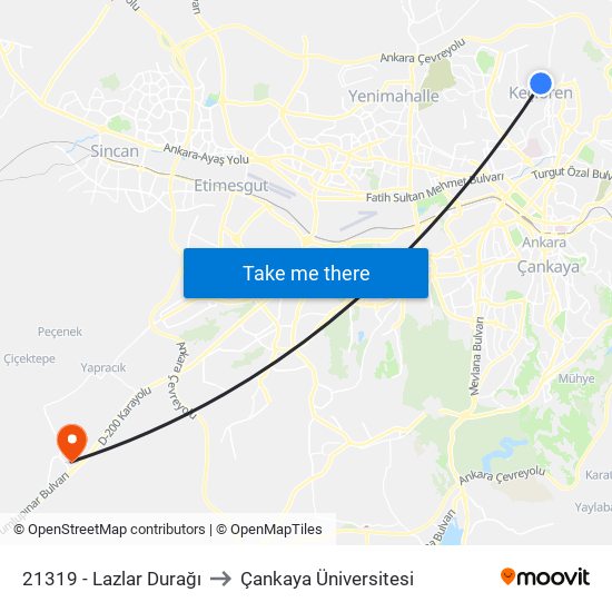 21319 - Lazlar Durağı to Çankaya Üniversitesi map