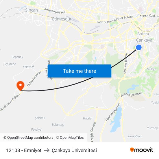 12108 - Emniyet to Çankaya Üniversitesi map