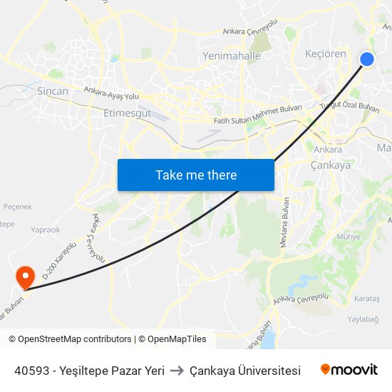 40593 - Yeşiltepe Pazar Yeri to Çankaya Üniversitesi map