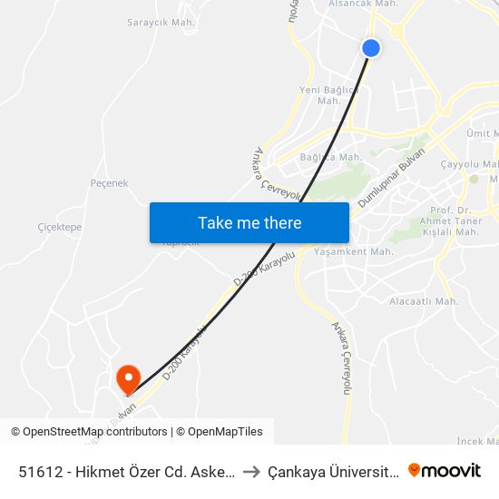 51612 - Hikmet Özer Cd. Askeriye to Çankaya Üniversitesi map