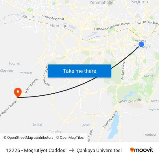 12226 - Meşrutiyet Caddesi to Çankaya Üniversitesi map