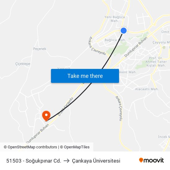 51503 -  Soğukpınar Cd. to Çankaya Üniversitesi map