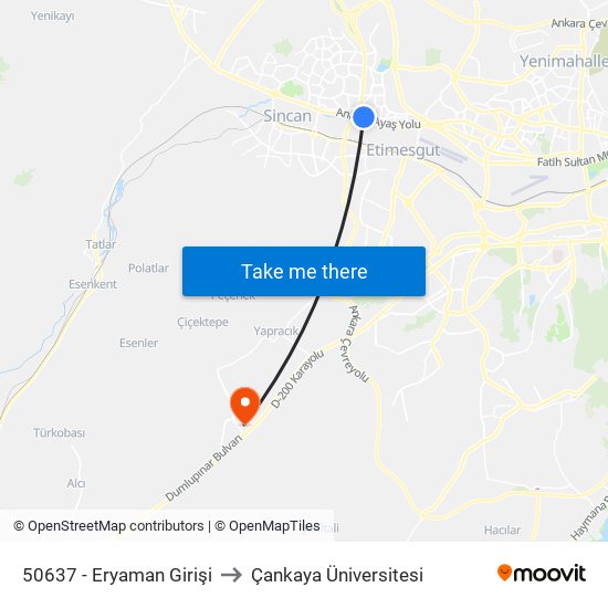 50637 - Eryaman Girişi to Çankaya Üniversitesi map