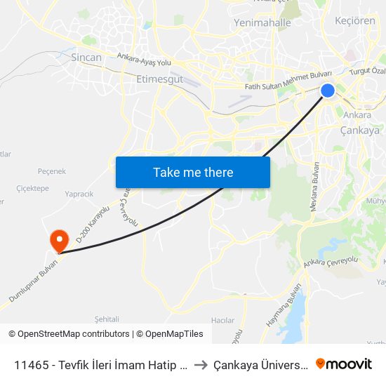 11465 - Tevfik İleri İmam Hatip Lisesi to Çankaya Üniversitesi map