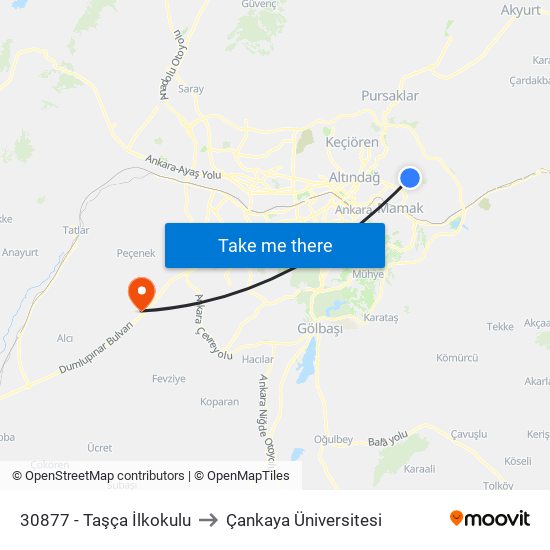 30877 - Taşça İlkokulu to Çankaya Üniversitesi map