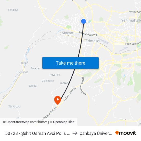 50728 - Şehit Osman Avci Polis Merkezi to Çankaya Üniversitesi map