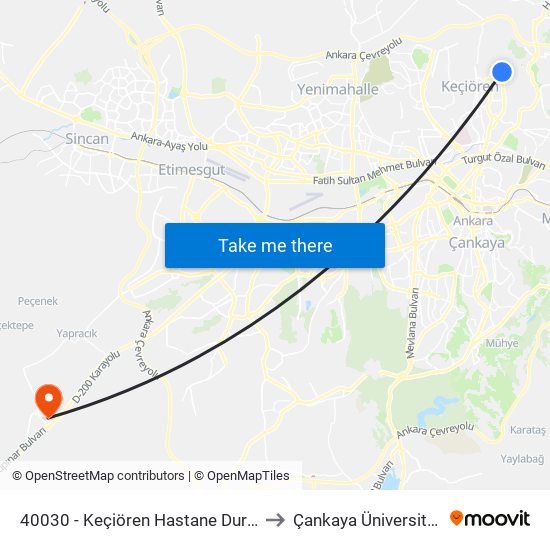 40030 - Keçiören Hastane Durağı to Çankaya Üniversitesi map