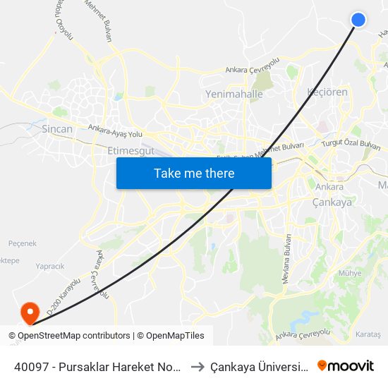 40097 - Pursaklar Hareket Noktası to Çankaya Üniversitesi map