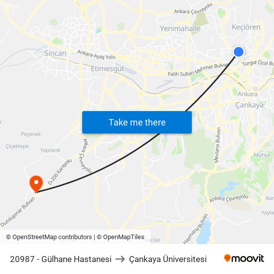 20987 - Gülhane Hastanesi to Çankaya Üniversitesi map