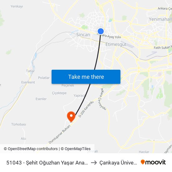 51043 - Şehit Oğuzhan Yaşar Anadolu Lisesi to Çankaya Üniversitesi map