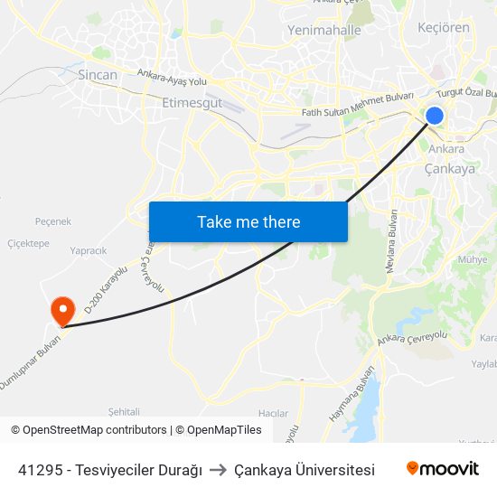 41295 - Tesviyeciler Durağı to Çankaya Üniversitesi map