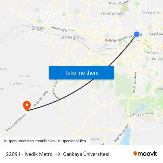 22091 - İvedik Metro to Çankaya Üniversitesi map