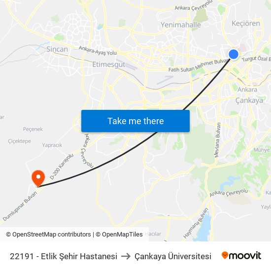 22191 - Etlik Şehir Hastanesi to Çankaya Üniversitesi map