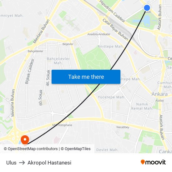 Ulus to Akropol Hastanesi map