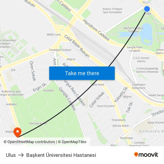 Ulus to Başkent Üniversitesi Hastanesi map