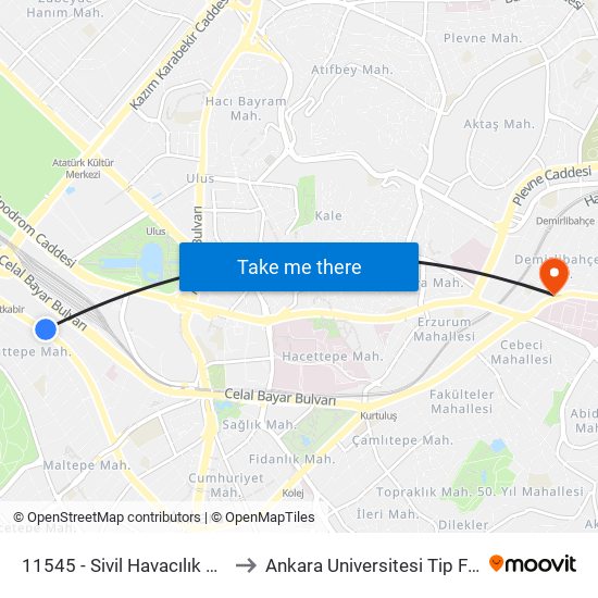 11545 - Sivil Havacılık Genel Müdürlüğü to Ankara Universitesi Tip Fak. Kalp Merkezi map