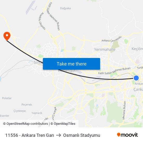 11556 - Ankara Tren Garı to Osmanlı Stadyumu map