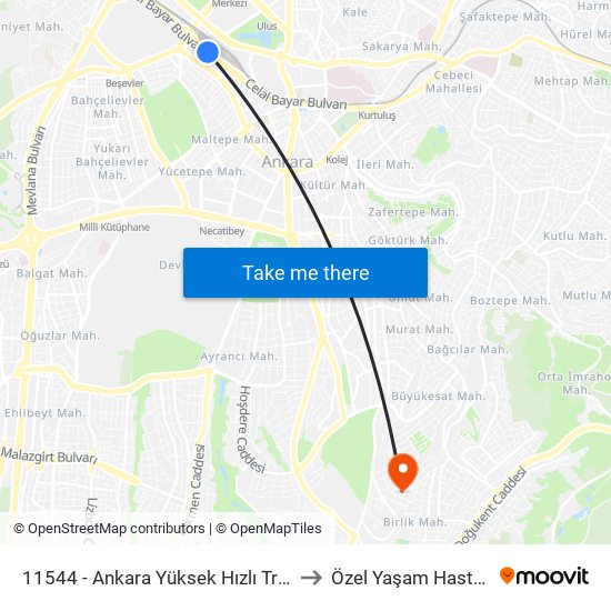 11544 - Ankara Yüksek Hızlı Tren Garı to Özel Yaşam Hastanesi map