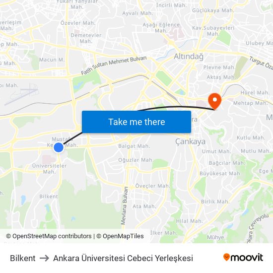 Bilkent to Ankara Üniversitesi Cebeci Yerleşkesi map