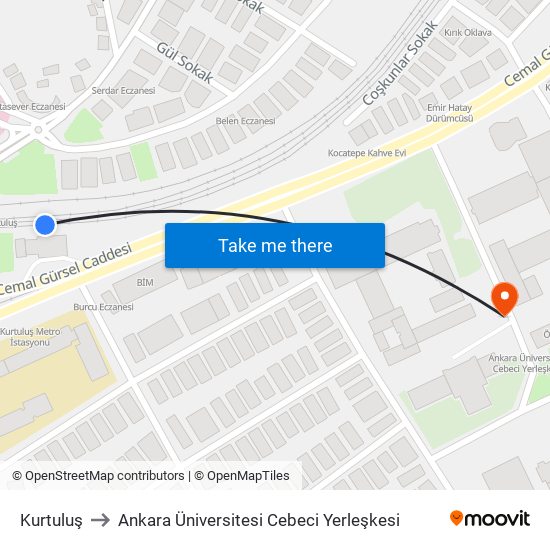 Kurtuluş to Ankara Üniversitesi Cebeci Yerleşkesi map