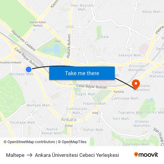 Maltepe to Ankara Üniversitesi Cebeci Yerleşkesi map