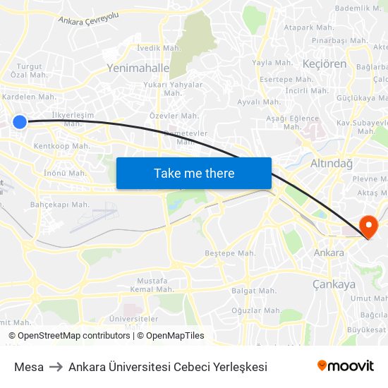 Mesa to Ankara Üniversitesi Cebeci Yerleşkesi map