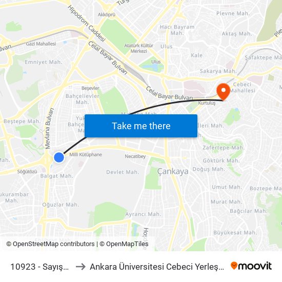 10923 - Sayıştay to Ankara Üniversitesi Cebeci Yerleşkesi map