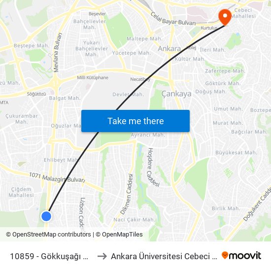 10859 - Gökkuşağı Mahallesi to Ankara Üniversitesi Cebeci Yerleşkesi map