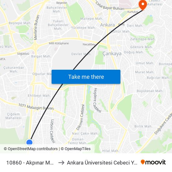 10860 - Akpınar Mahallesi to Ankara Üniversitesi Cebeci Yerleşkesi map