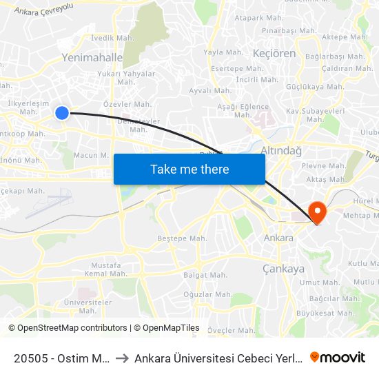 20505 - Ostim Metro to Ankara Üniversitesi Cebeci Yerleşkesi map