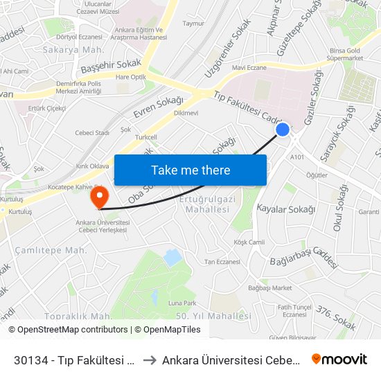 30134 - Tıp Fakültesi Çocuk Acil to Ankara Üniversitesi Cebeci Yerleşkesi map