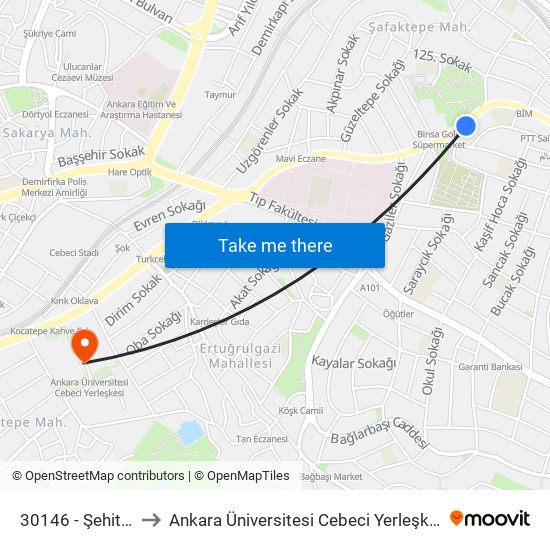 30146 - Şehitlik to Ankara Üniversitesi Cebeci Yerleşkesi map