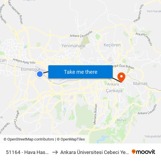 51164 - Hava Hastanesi to Ankara Üniversitesi Cebeci Yerleşkesi map