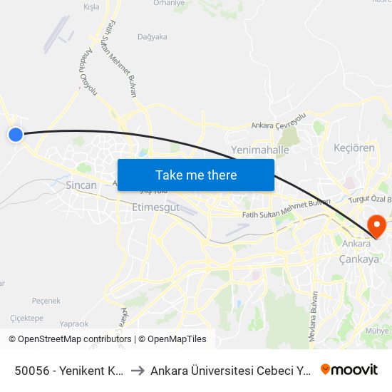 50056 - Yenikent Kavşağı to Ankara Üniversitesi Cebeci Yerleşkesi map