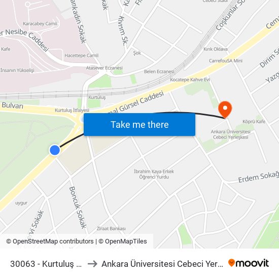 30063 - Kurtuluş Parkı to Ankara Üniversitesi Cebeci Yerleşkesi map