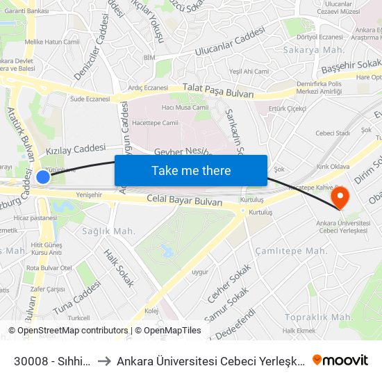 30008 - Sıhhiye to Ankara Üniversitesi Cebeci Yerleşkesi map