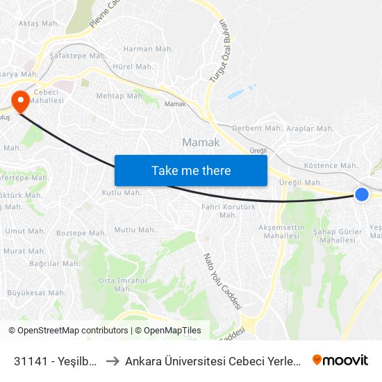 31141 - Yeşilbayır to Ankara Üniversitesi Cebeci Yerleşkesi map
