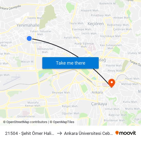 21504 - Şehit Ömer Halis Demir Lisesi to Ankara Üniversitesi Cebeci Yerleşkesi map