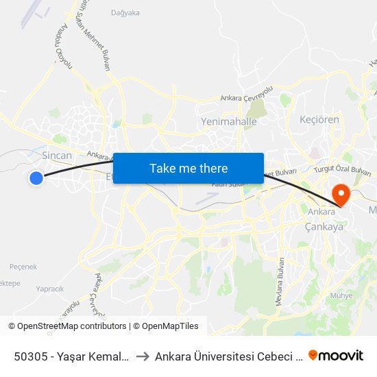 50305 - Yaşar Kemal Caddesi to Ankara Üniversitesi Cebeci Yerleşkesi map