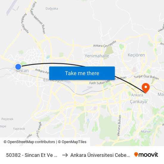 50382 - Sincan Et Ve Süt Kurumu to Ankara Üniversitesi Cebeci Yerleşkesi map