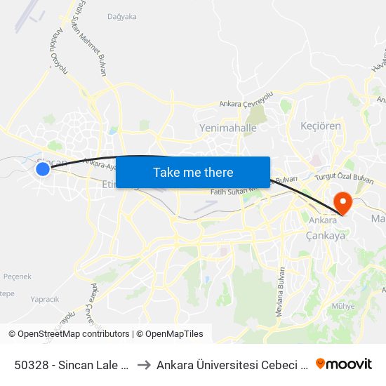 50328 - Sincan Lale Meydanı to Ankara Üniversitesi Cebeci Yerleşkesi map