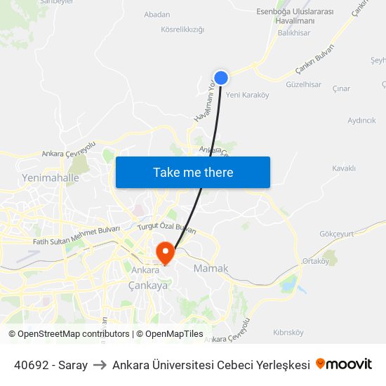 40692 - Saray to Ankara Üniversitesi Cebeci Yerleşkesi map