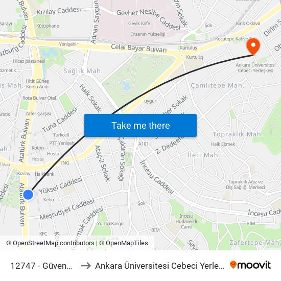 12747 - Güvenpark to Ankara Üniversitesi Cebeci Yerleşkesi map