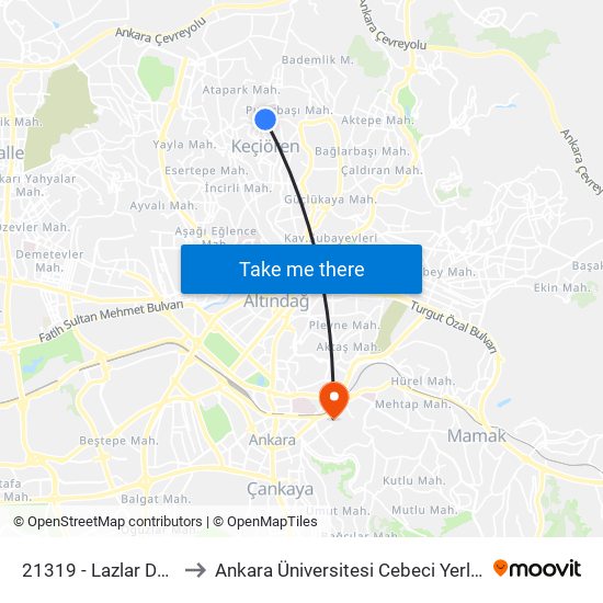 21319 - Lazlar Durağı to Ankara Üniversitesi Cebeci Yerleşkesi map