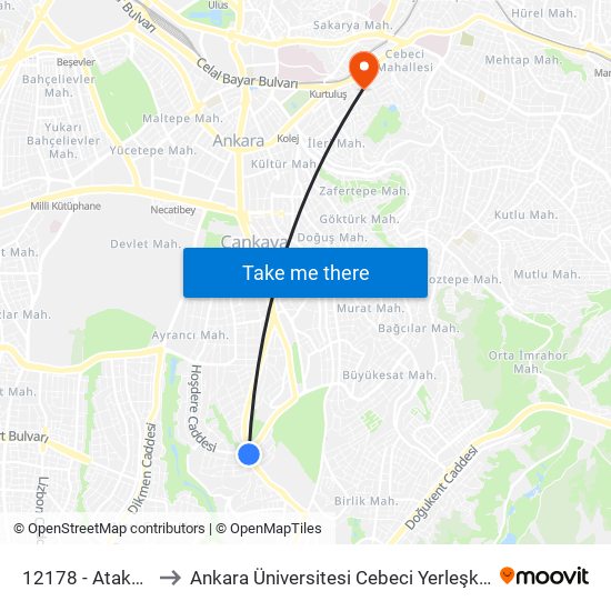 12178 - Atakule to Ankara Üniversitesi Cebeci Yerleşkesi map