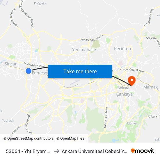 53064 - Yht Eryaman Garı to Ankara Üniversitesi Cebeci Yerleşkesi map