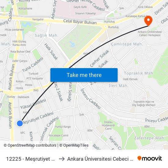 12225 - Meşrutiyet Caddesi to Ankara Üniversitesi Cebeci Yerleşkesi map